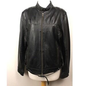 Y2K Womens L Distressed Leather Moto Jacket Black Biker Indie Sleaze Motorcycle